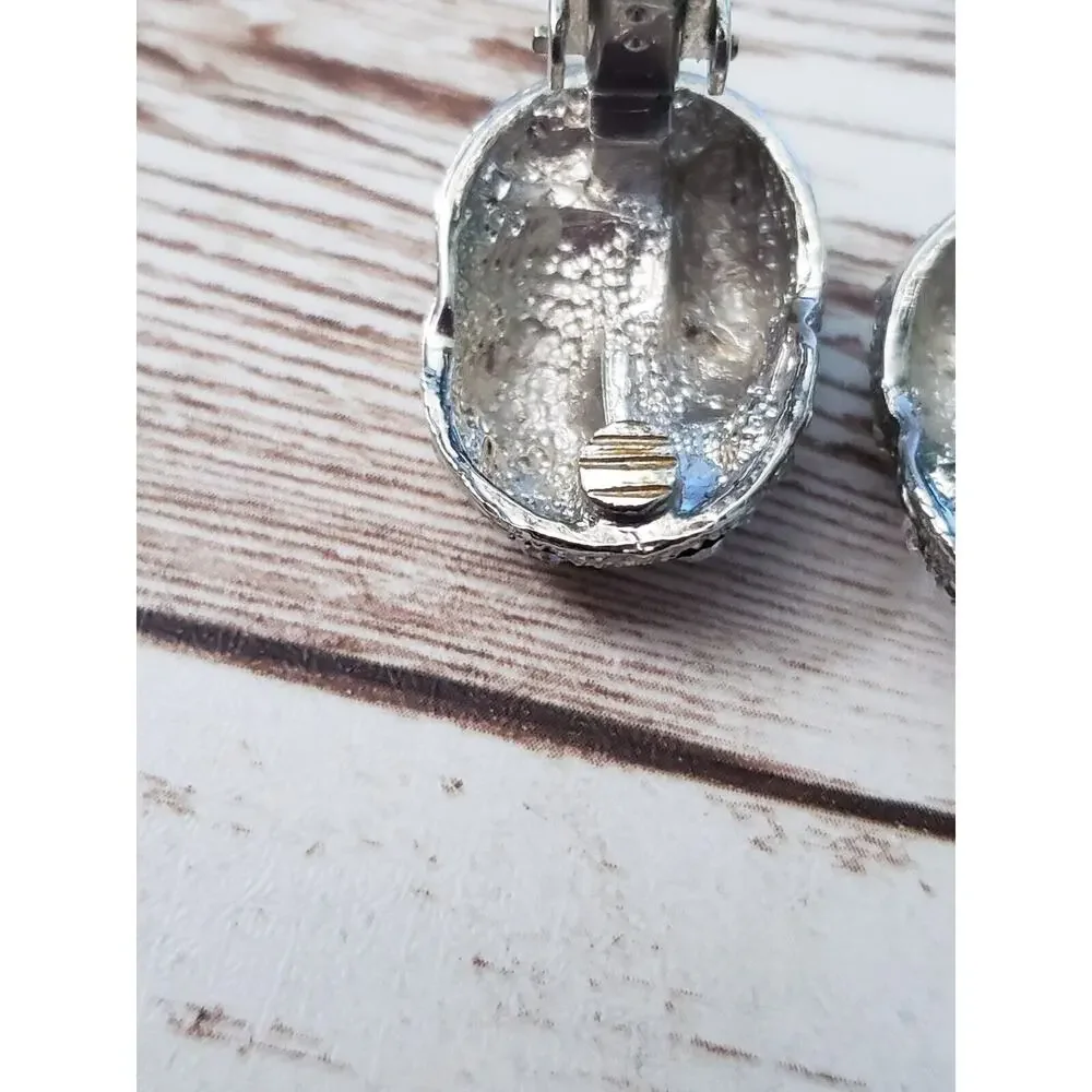 Vintage Clip On Earrings - Twisted Silver Tone & Clear Gem 1
